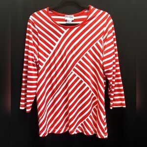 Rebecca Malone - Red/Wht geo stripped l/s blouse